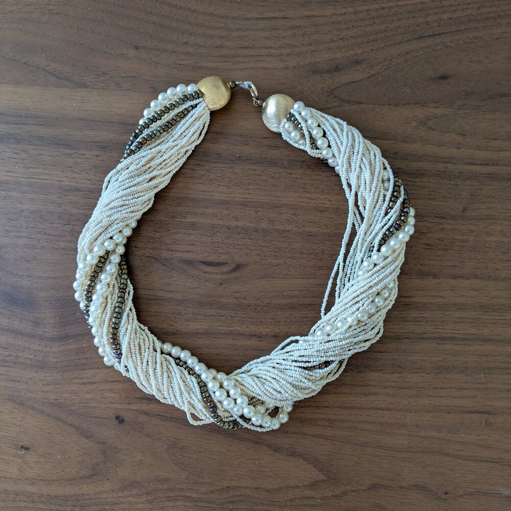 Twisted Seed Bead Cream and Pearl Necklace
